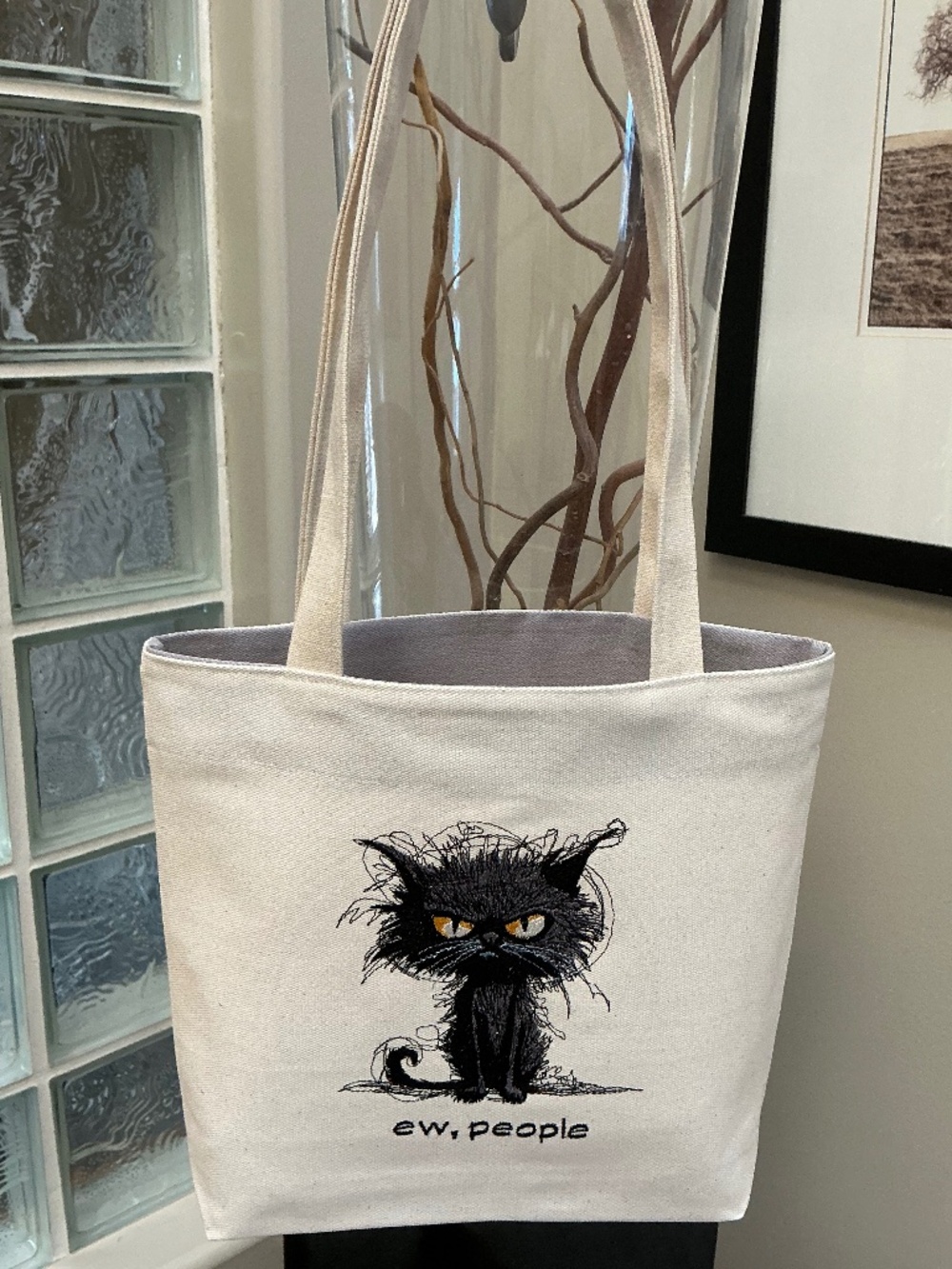 Funny Cat Tote Bag, Custom Made. Embroidered.